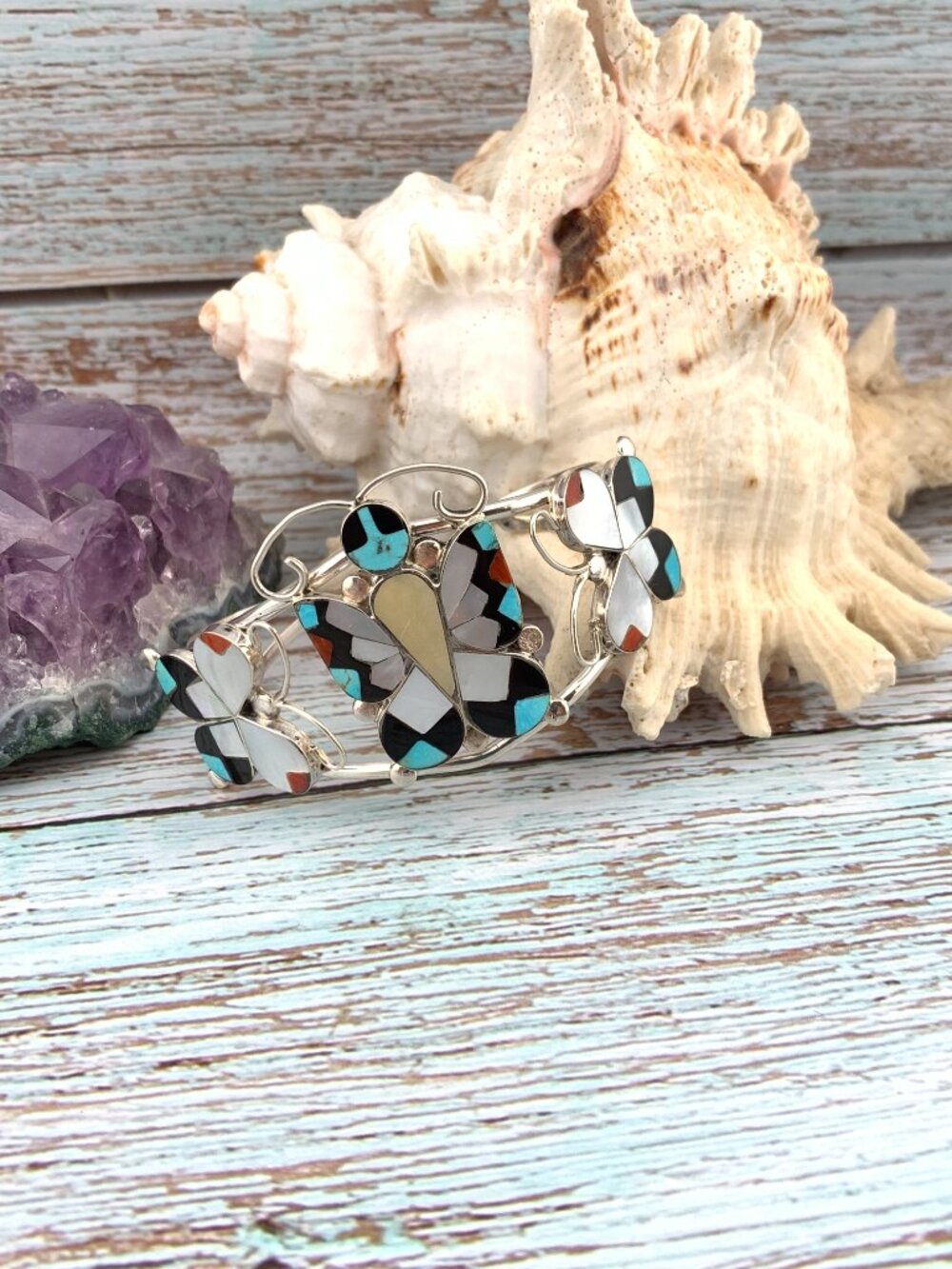 Butterfly Stone Inlay Zuni Native American Cuff Bracelet 925 A. Dishta J1423 - Picture 4 of 11